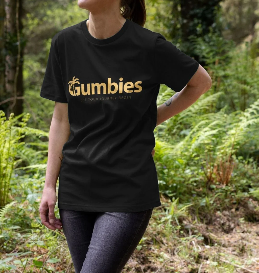 Gumbies Full Logo Black/Yellow - Unisex Organic Cotton T-Shirt - Image 4