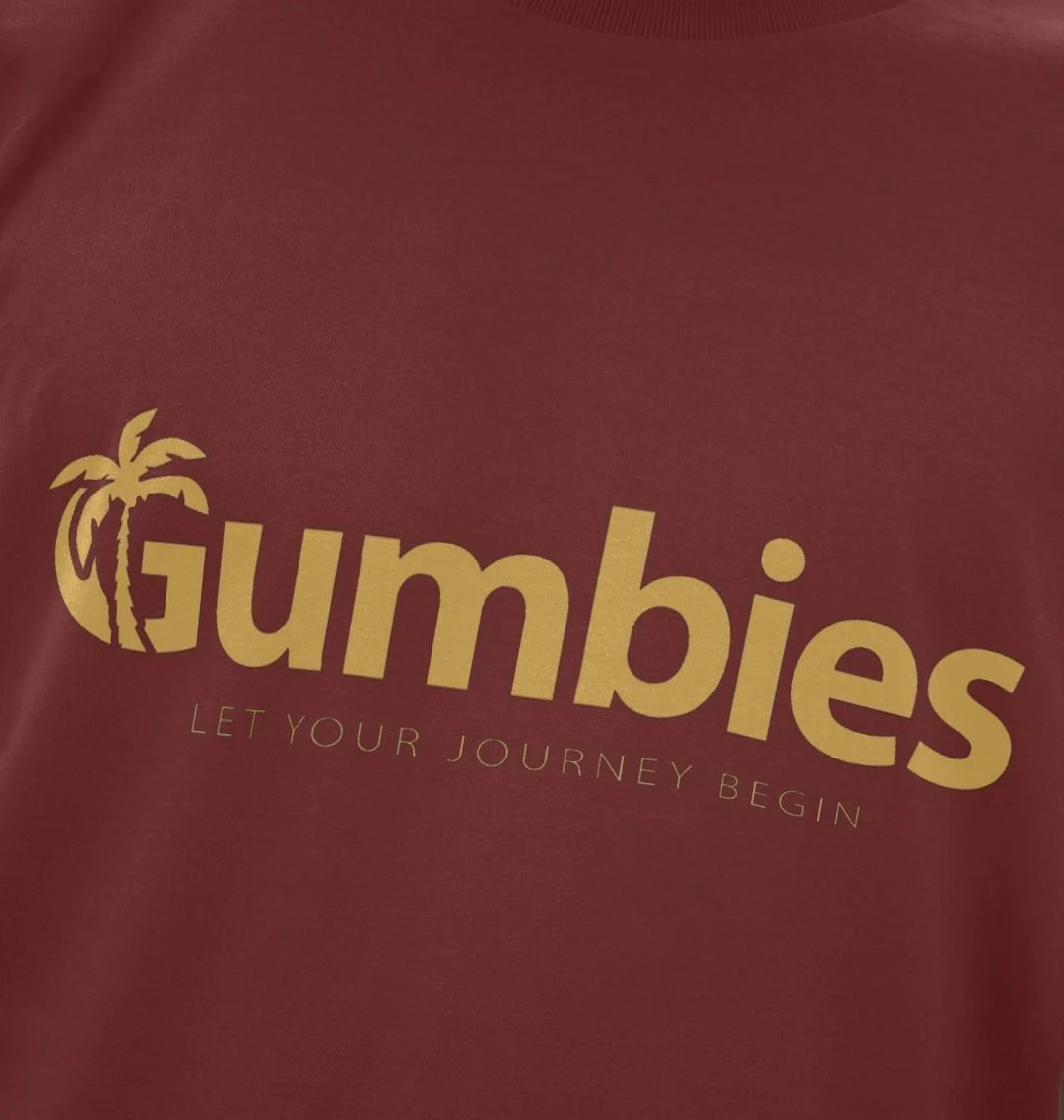 Gumbies Full Logo Red Wine/Yellow - Unisex Organic Cotton T-Shirt - Image 4