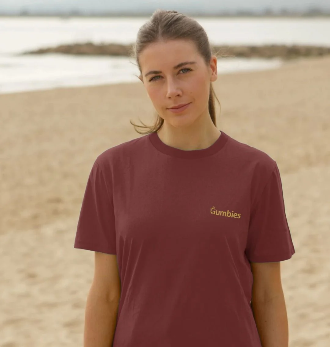 Gumbies Small Full Logo Red Wine/Yellow - Unisex Organic Cotton T-Shirt - Image 3
