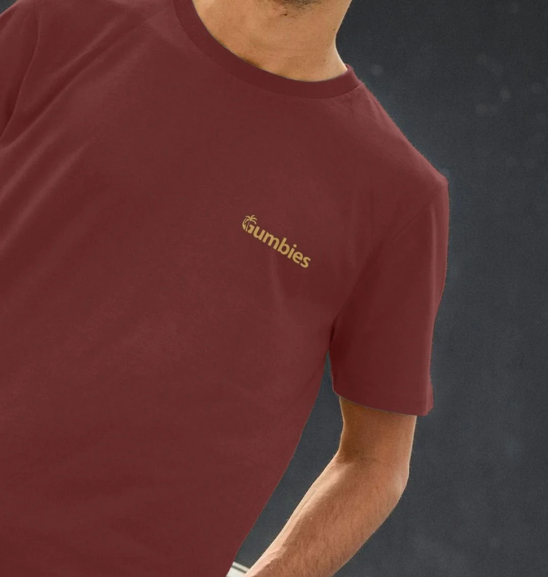Gumbies Small Full Logo Red Wine/Yellow - Unisex Organic Cotton T-Shirt - Image 4